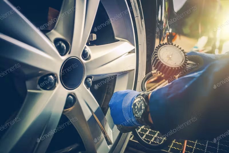 A person using a pressure gauge to check the tire pressure