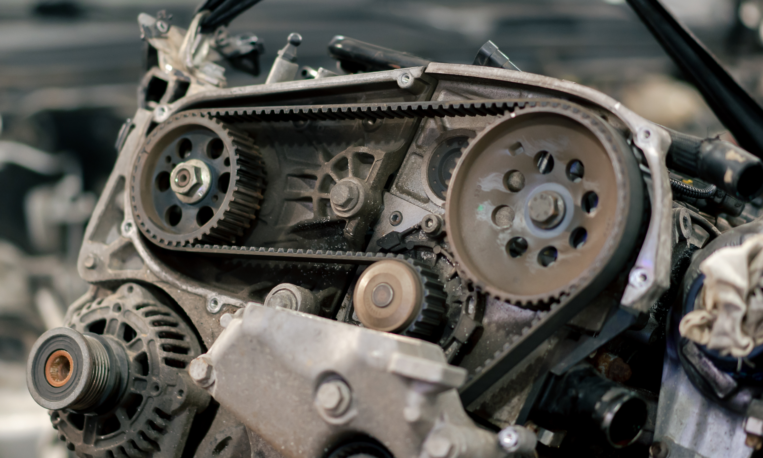 A close-up view of a car engine’s cambelt system with tensioners and pulleys, showcasing maintenance work needed at Acton Service Centre.