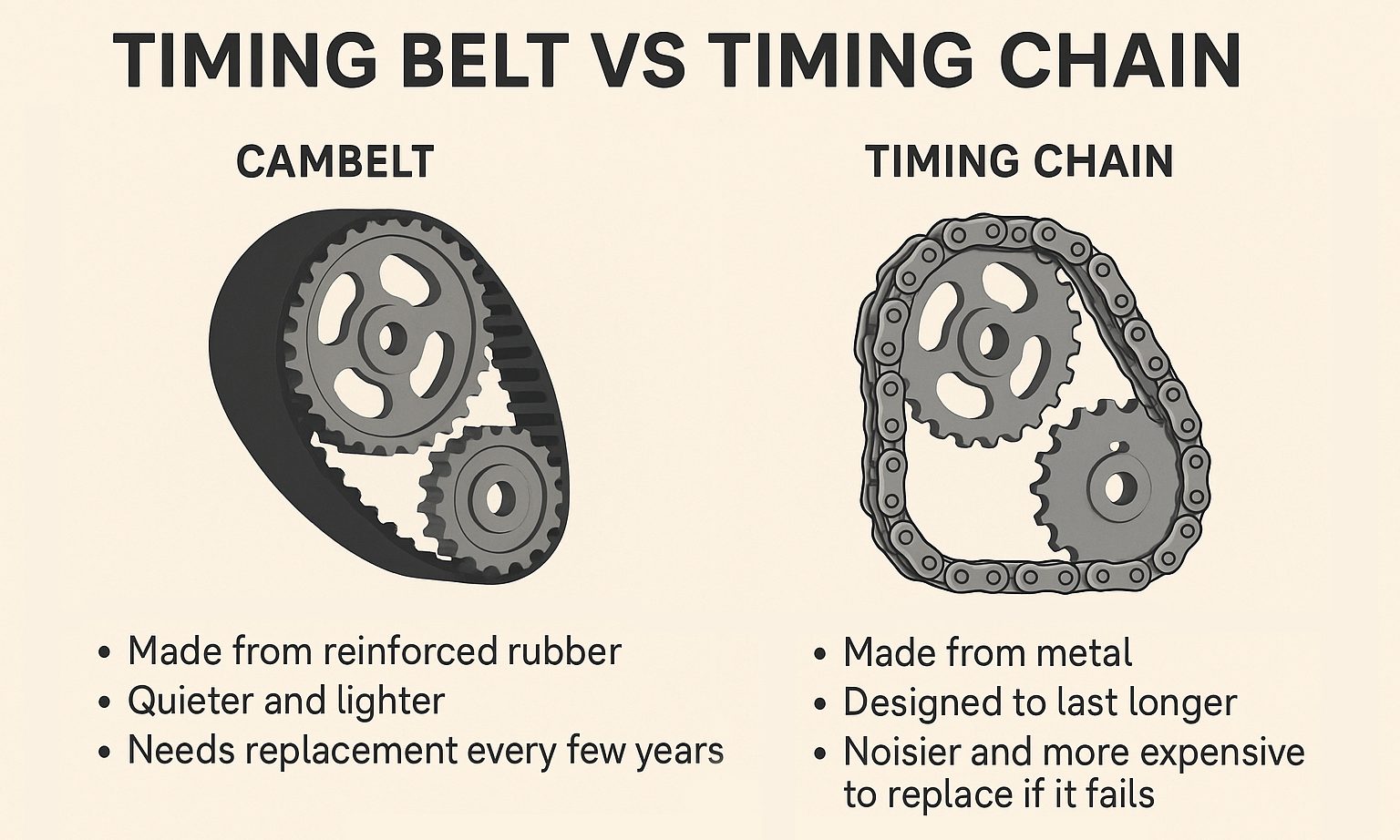 Infographic comparing cambelt and timing chain: cambelt is rubber and lighter, timing chain is metal and lasts longer—used by Acton Service Centre for customer education.