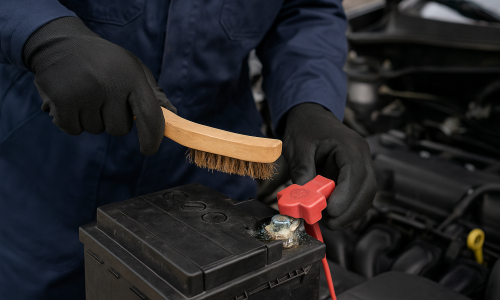A mechanic wearing black gloves using a wire brush to clean the corroded terminal of a battery.