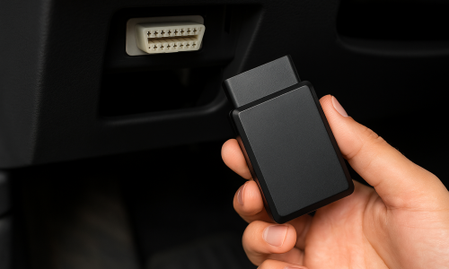A hand is shown inserting an OBD  device into a car's OBD port, highlighting the easy installation process.