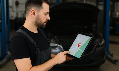 A mechanic reviews vehicle data on a tablet, demonstrating how a tracking system is used for diagnostics and location monitoring.