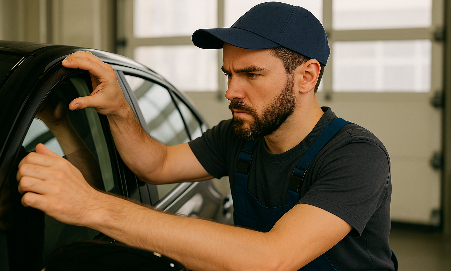 A mechanic at Acton Service Centre is precisely aligning a car window during a detailed car window repair, showcasing expert craftsmanship and attention to detail.