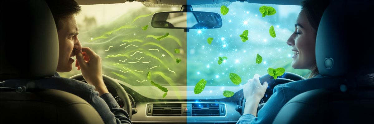 A split image showing a person reacting to a bad air con smell on the left, and a person smiling with fresh air on the right, highlighting the improvement after fixing an air con smell.