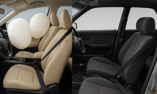 A split image showing the interior of two different cars. On the left, a modern car's interior shows deployed airbags and a seatbelt. On the right, an older car's interior shows just the front seat and a seatbelt.