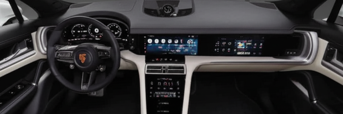 The interior of a modern Porsche, showcasing its sleek dashboard design with multiple digital displays.
