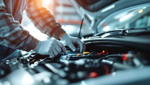 A mechanic checking or servicing a standard 12-volt car battery under the hood.
