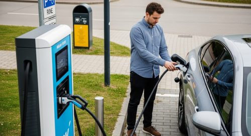 A man plugging an electric vehicle into a public charging station.