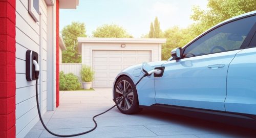 Light blue EV plugged into a wall-mounted home charging station outdoors.