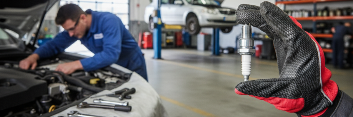 Close-up of a spark plug held by a gloved hand in an auto repair shop with another mechanic working on a car in the background.