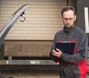 technician recording vehicle inspection details on a clipboard in a service centre